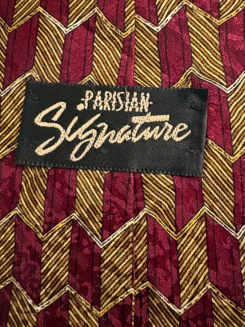 Parisian Signature 100% Silk Vintage Tie Burgundy Gold Chevron Wide Necktie